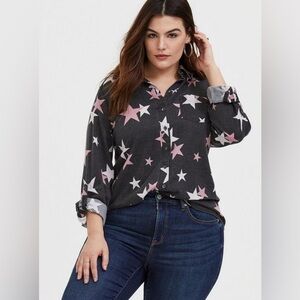 Torrid Taylor Relaxed Fit Rayon Twill Button-Up Stars Gray Shirt Blouse - 1 1X